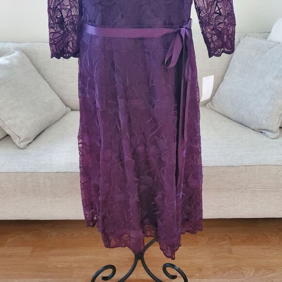 NEW! ALEX EVENINGS | Illusion Top Embroidered Tea Length Dress - [14P, purple] - Picture 5 of 13